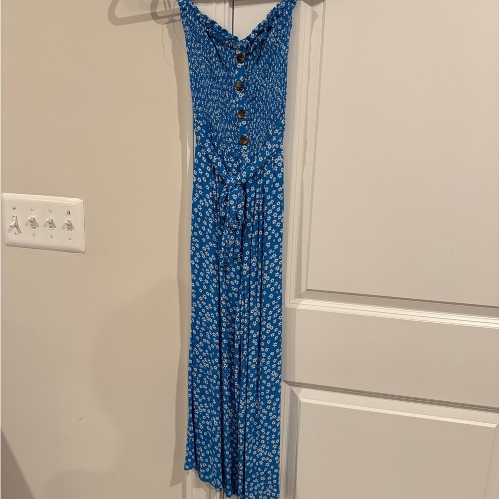 Vici Blue Floral Smocked Jumpsuit